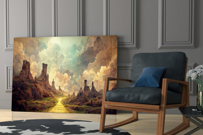 Glass art panel displaying fantasy landscape with golden light, towering rock formations, and cloudy sky, displayed in modern interior setting beside wooden chair.
