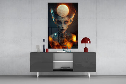 Framed glass art print displayed above a modern gray console table, depicting an alien figure with glowing moon headdress and fiery orange aura.