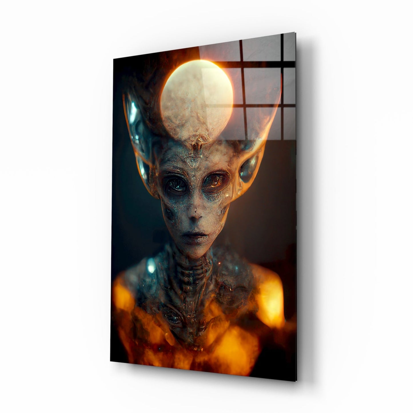 Ethereal alien figure with elongated head and glowing orb, rendered on glass panel with warm orange and cool teal lighting.