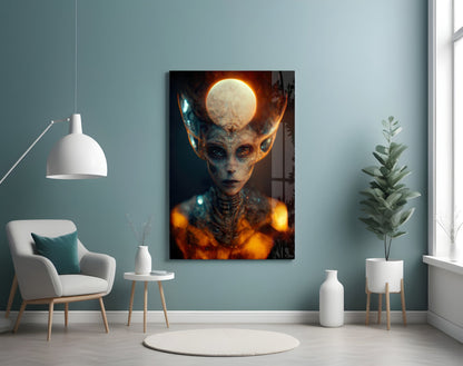 Mystical alien figure with glowing moon on forehead displayed on canvas in modern teal interior setting.