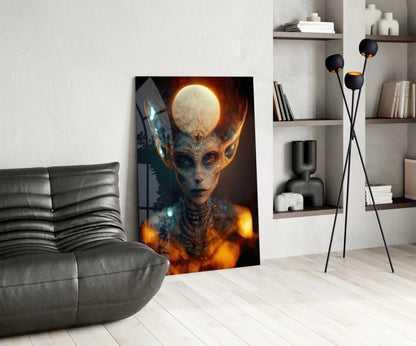 Glass art print of glowing alien figure with luminous moon head displayed in modern living room setting with gray sofa and shelving.