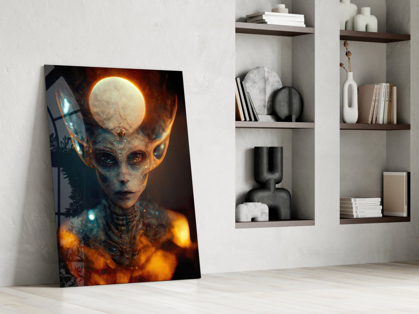 Glass art print leaning against white wall displaying alien figure with glowing moon and orange fire effects, displayed in modern interior with shelving.