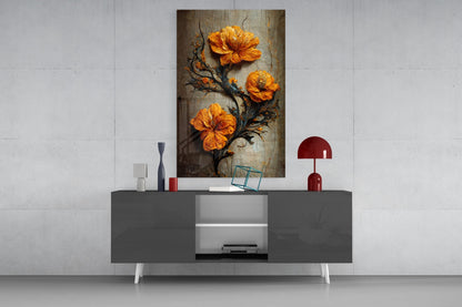 Orange floral glass art with dark botanical branch displayed above gray modern sideboard with red lamp and decorative objects.