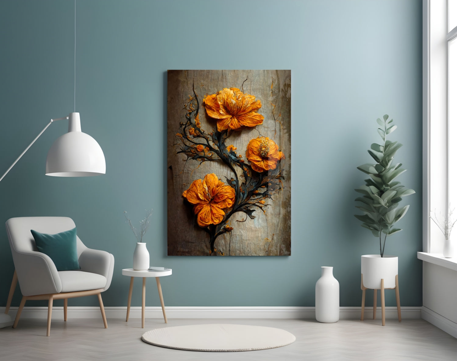 Modern interior room displaying Timeless Flowers Glass Art on teal wall above white chair, featuring three golden orange flowers with black botanical branches on weathered wood background.