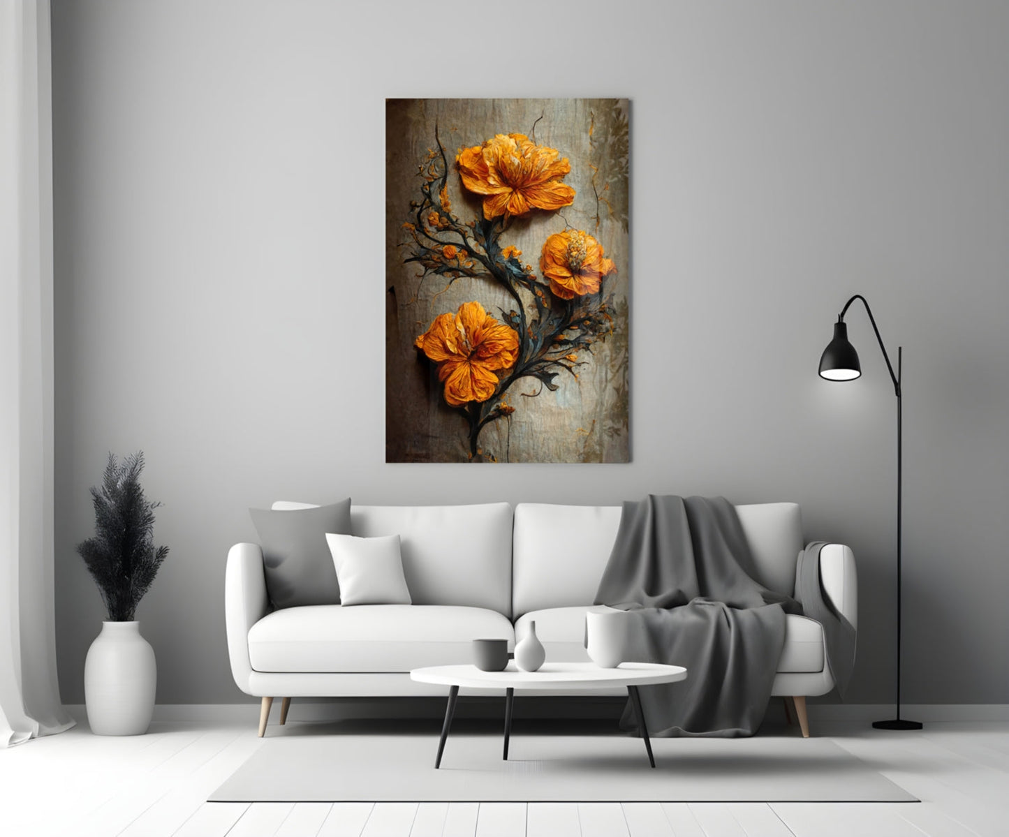 Orange flowers on dark branch against textured beige background, displayed above white sofa in modern living room.