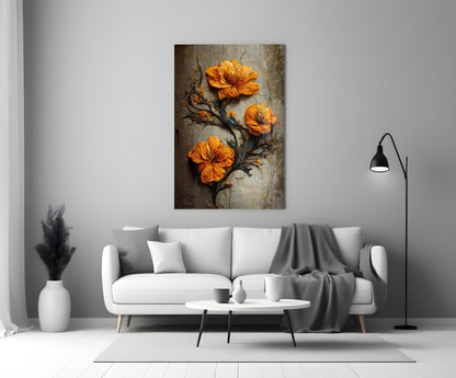 Orange flowers on dark branch against textured beige background, displayed above white sofa in modern living room.
