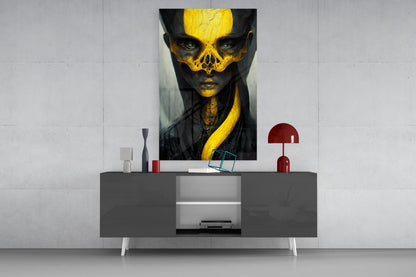 Contemporary living room display featuring striking yellow and black skull-masked portrait artwork centered above dark gray media console with white legs and decorative red lamp.