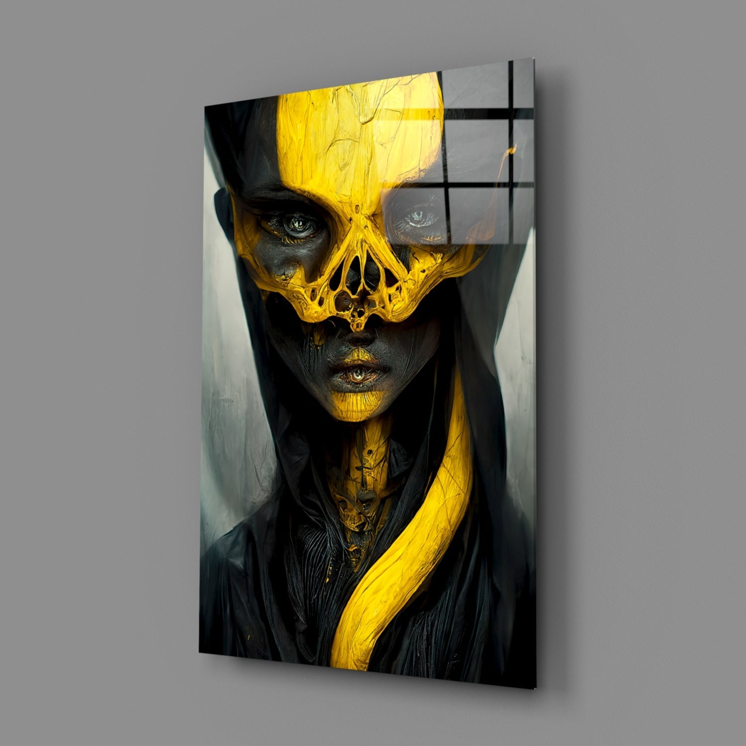 Glass art panel displaying a figure with black skin and golden skull mask against dark clothing, angled perspective view.
