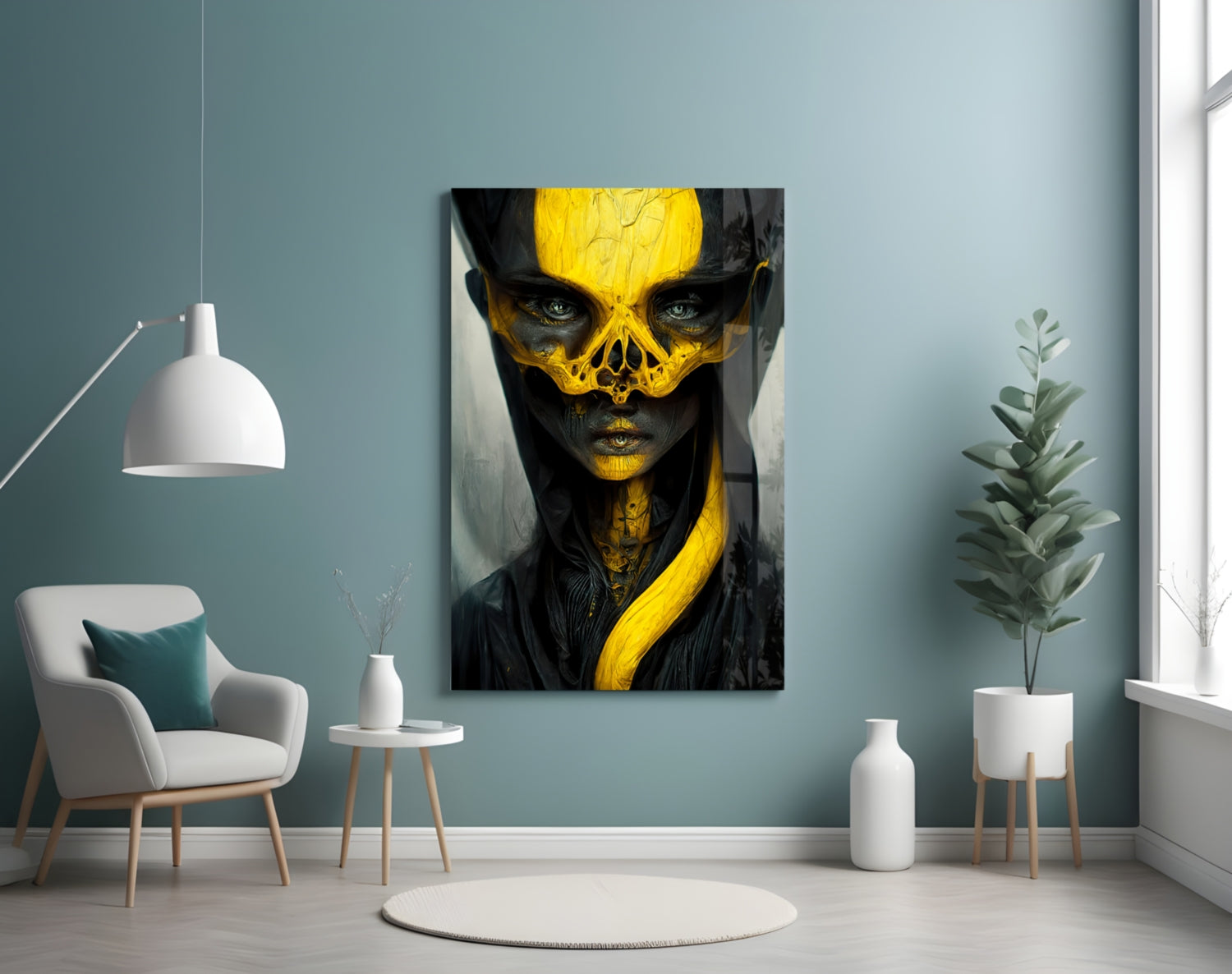 Vertical glass art panel displaying stylized portrait with black and yellow skull-face design on teal wall in modern interior setting.