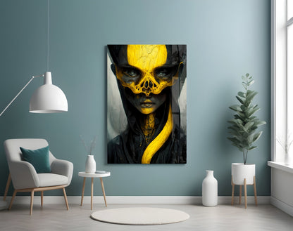Vertical glass art panel displaying stylized portrait with black and yellow skull-face design on teal wall in modern interior setting.