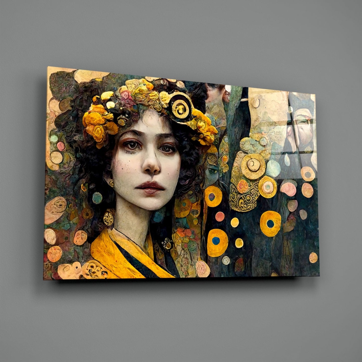 Glass wall art featuring a dark-haired woman with golden flower crown and yellow garment, ornate patterned background with circular golden elements.