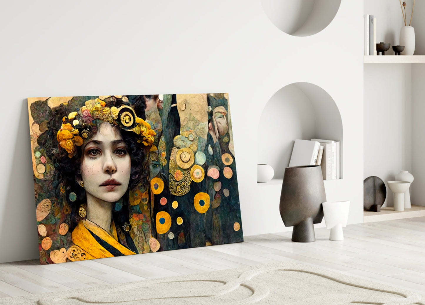 Glass art panel leaning against white wall displaying portrait of woman with golden floral crown and circular ornamental details in warm earth tones.