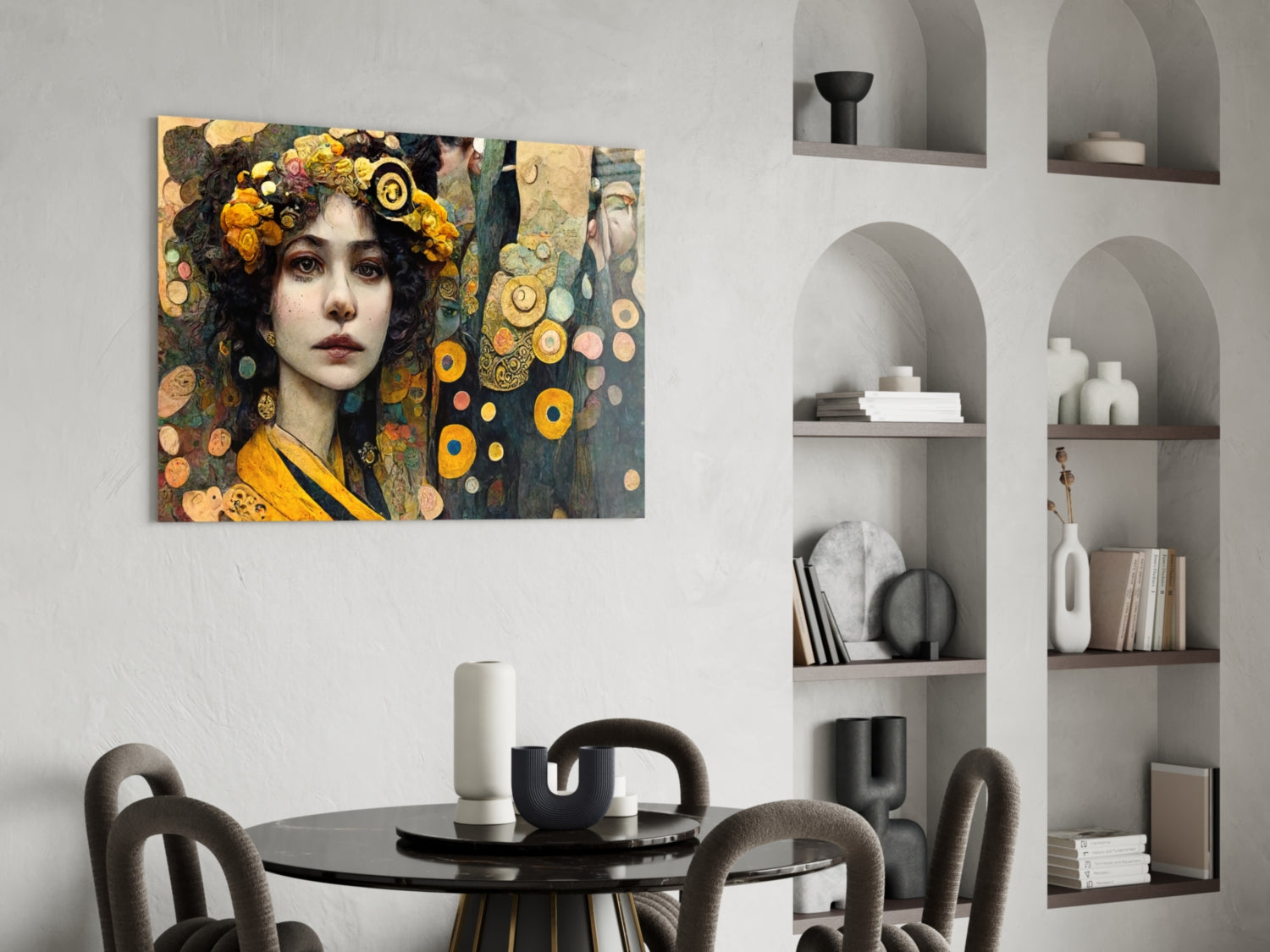 Ornate portrait of woman with golden floral crown and yellow garment displayed on white wall above round black dining table with grey chairs.