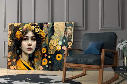 Modern living room interior with ornate gold-accented glass wall art featuring portraits and decorative circular motifs displayed beside a wooden rocking chair.
