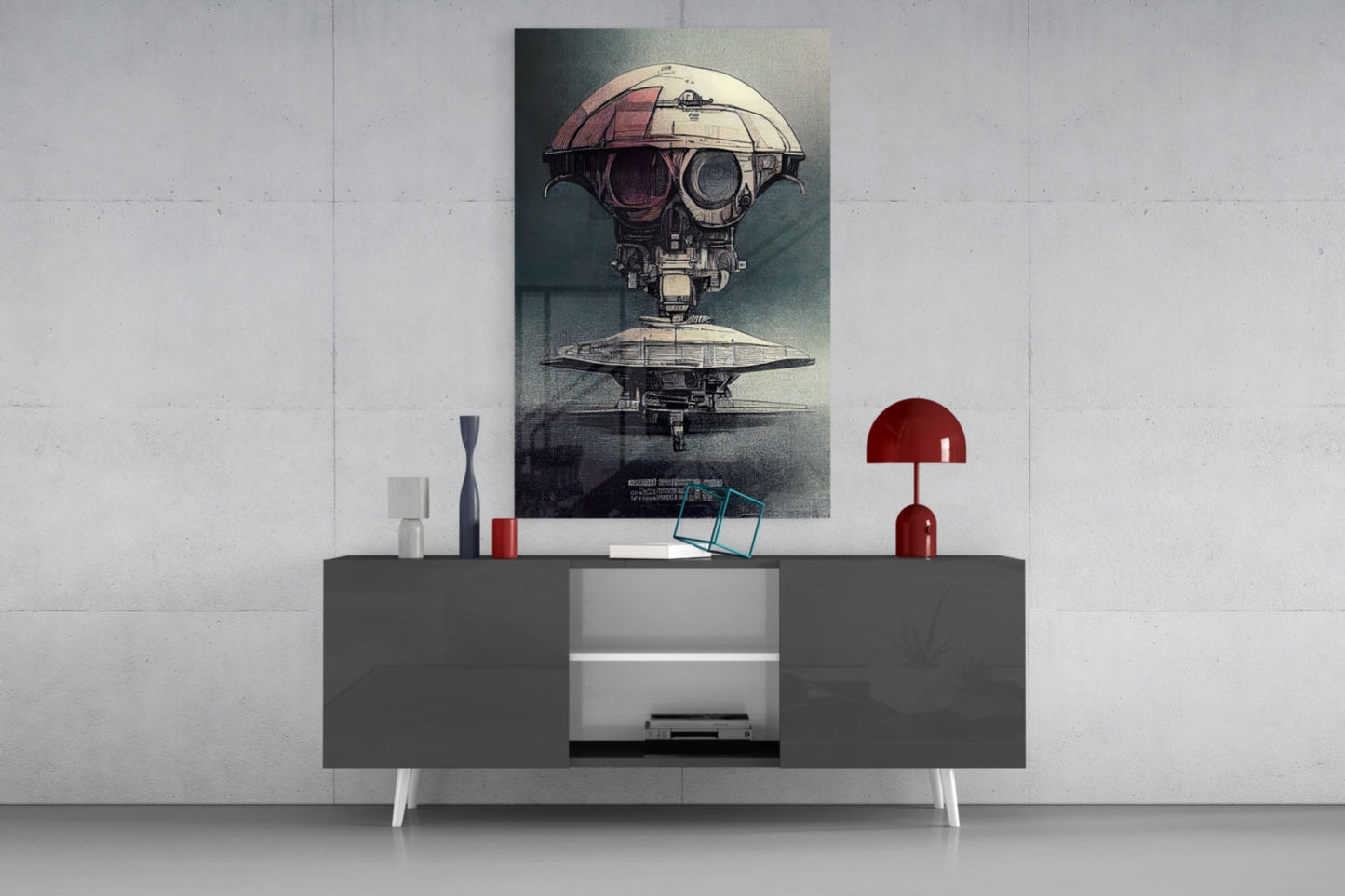 Sci-fi spacecraft glass wall art displayed above a gray console table with red lamp and decorative objects.
