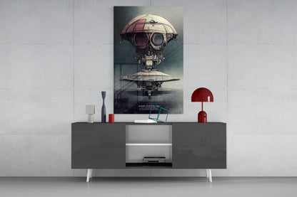 Sci-fi spacecraft glass wall art displayed above a gray console table with red lamp and decorative objects.
