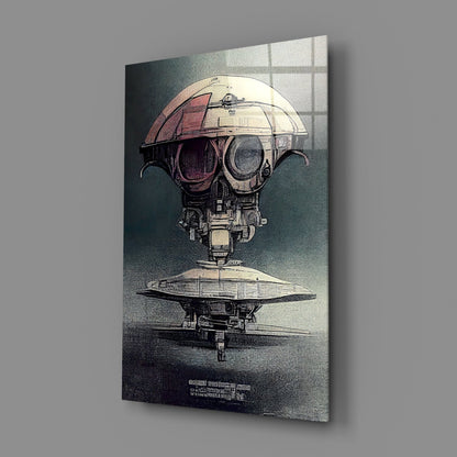 Angled view of glass wall art featuring steampunk spacecraft design with dome cockpit and disc base against gradient background.