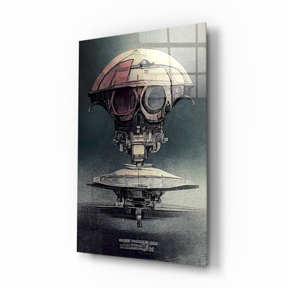 Glass wall art displaying a steampunk-style mechanical spacecraft with dome-shaped head and circular eyes against a textured gradient background.