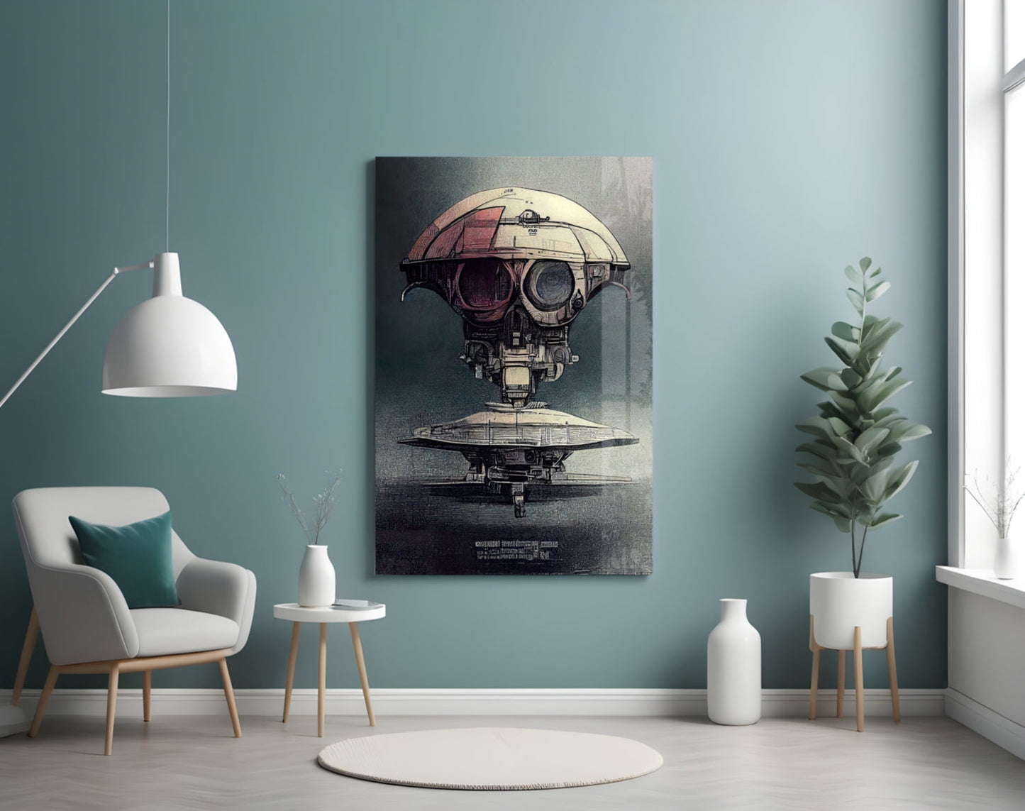 Steampunk airship illustration with red dome and mechanical details displayed on teal wall above white chair and potted plant.