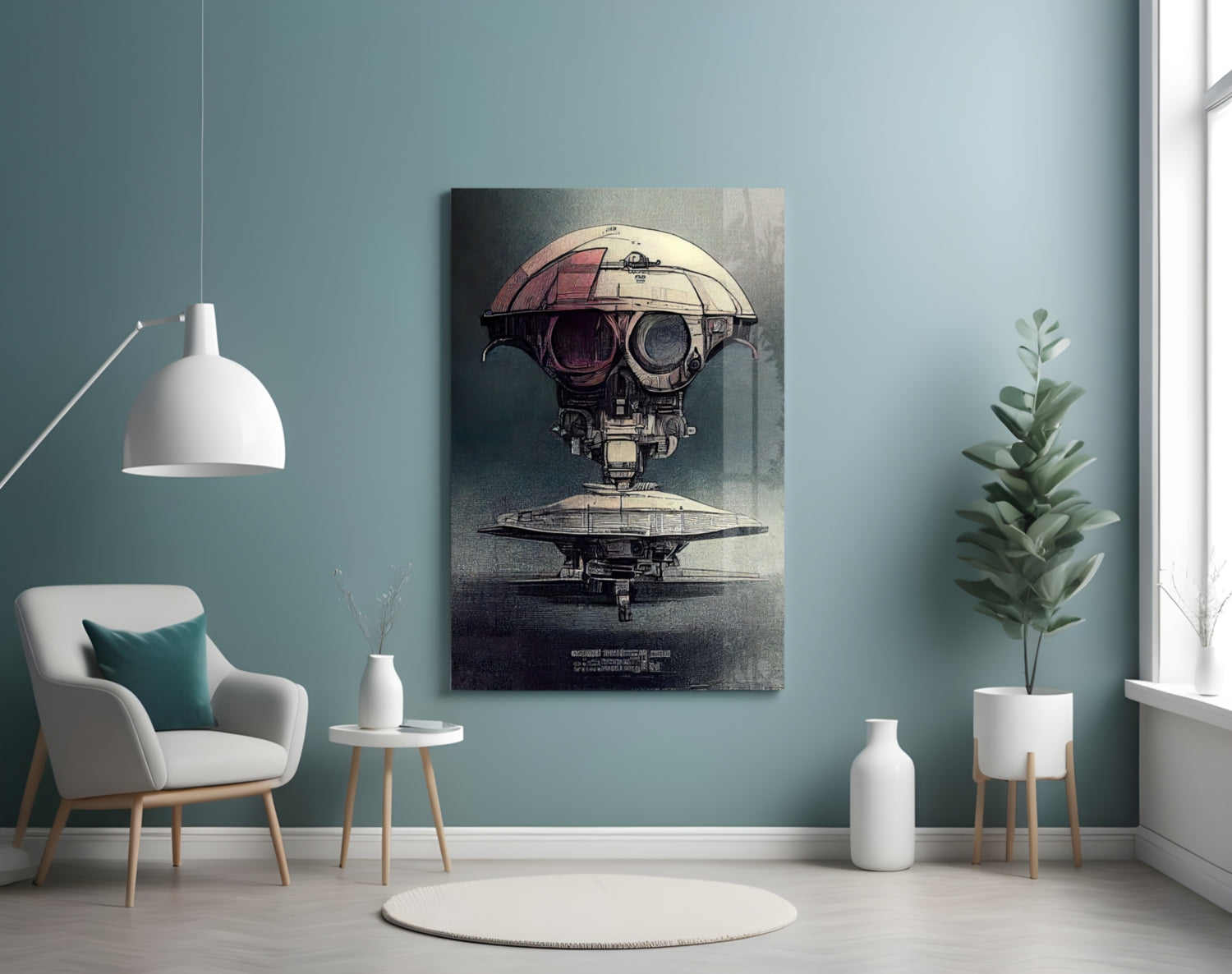 Steampunk airship illustration with red dome and mechanical details displayed on teal wall above white chair and potted plant.