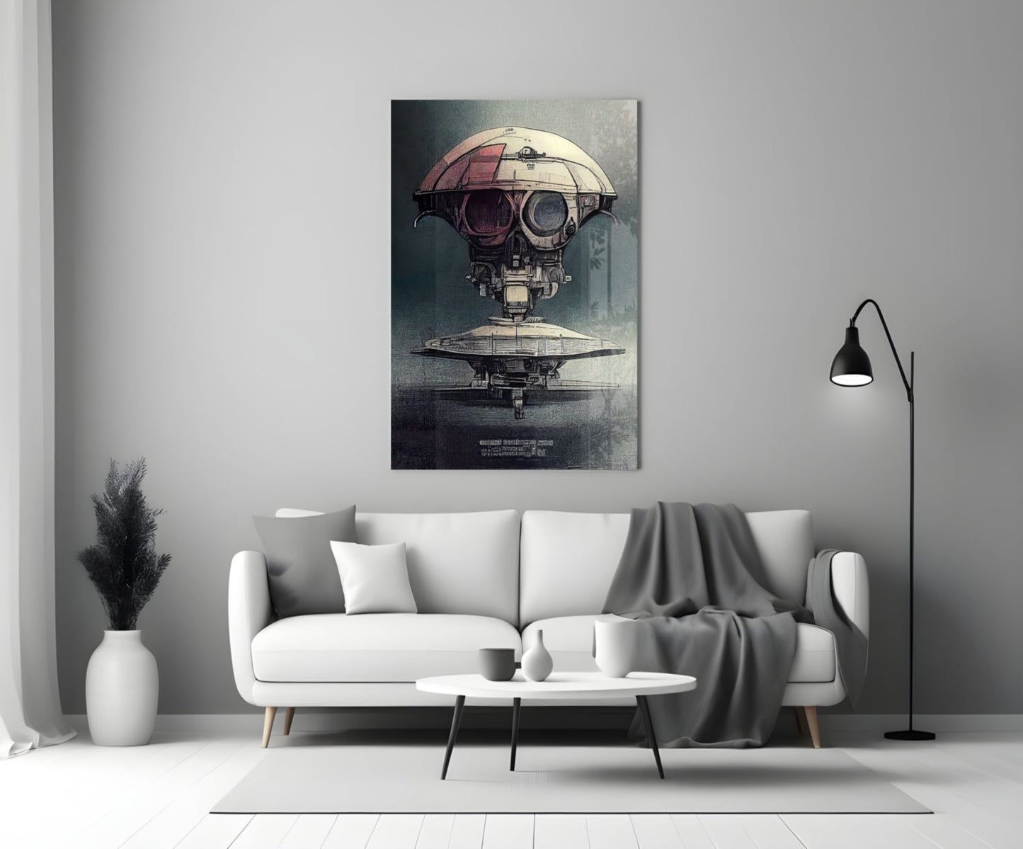 Steampunk spacecraft artwork displayed on white living room wall above gray and white sofa with black floor lamp.