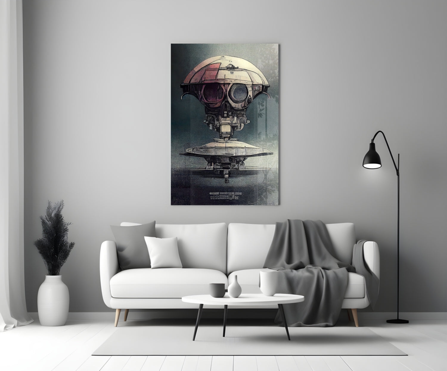 Steampunk spacecraft artwork displayed on white living room wall above gray and white sofa with black floor lamp.