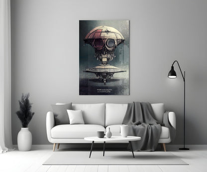 Steampunk spacecraft artwork displayed on white living room wall above gray and white sofa with black floor lamp.