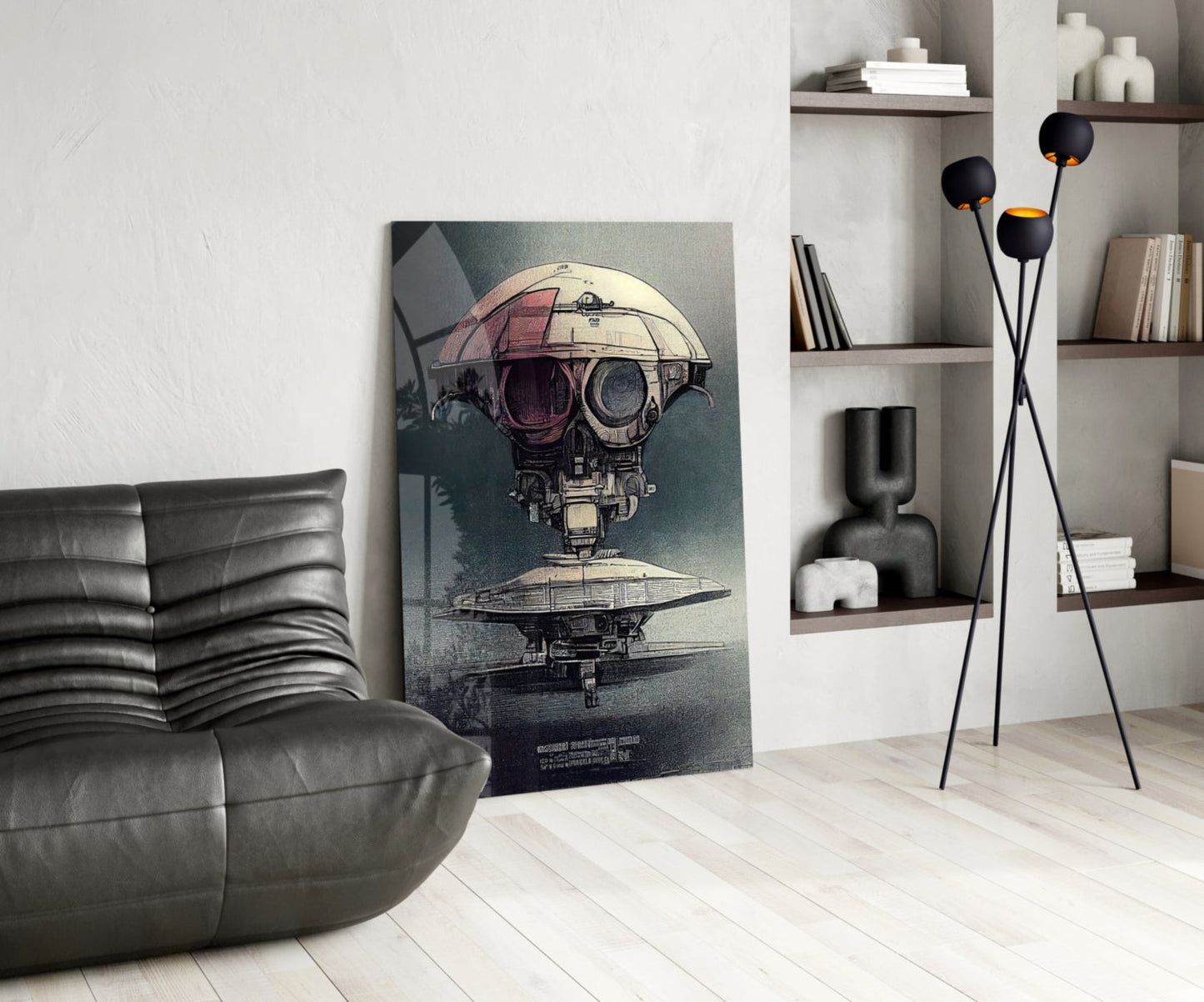 Steampunk spacecraft artwork displayed on floor leaning against wall in modern living room with leather chair and shelving.
