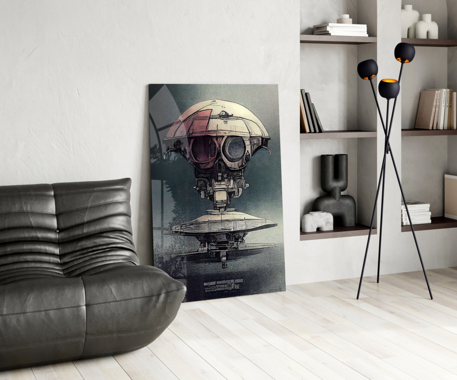Steampunk spacecraft artwork displayed on floor leaning against wall in modern living room with leather chair and shelving.