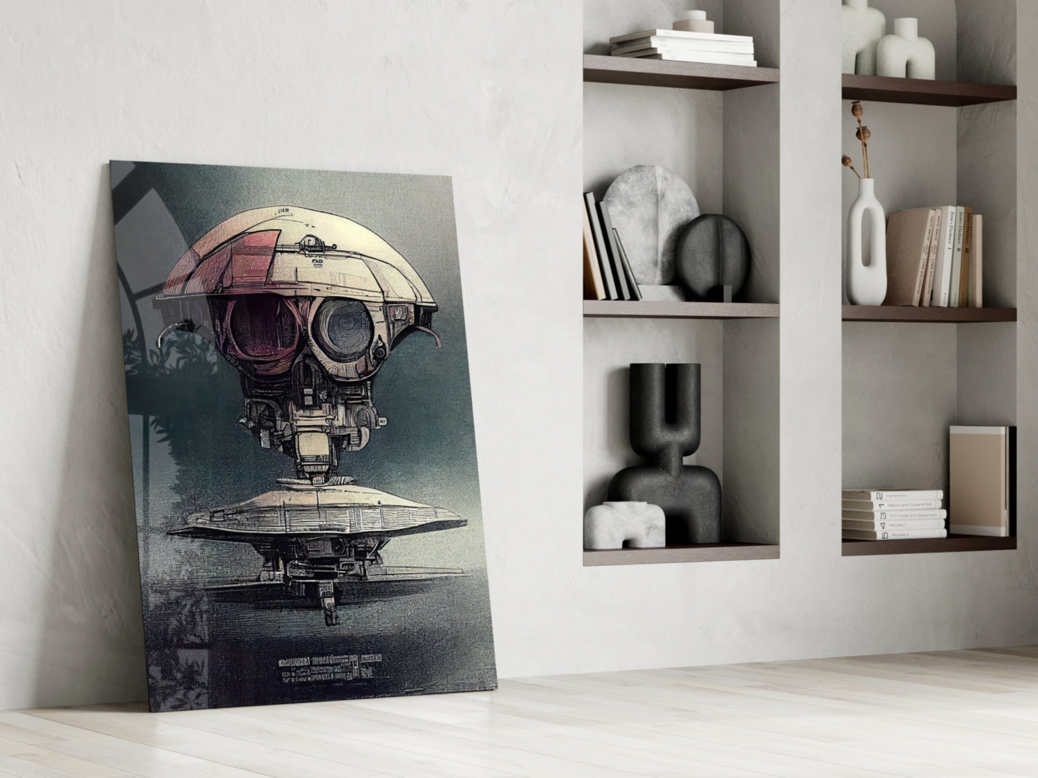 Steampunk alien spacecraft glass wall art leaning against white wall beside styled shelving with books and ceramic objects.