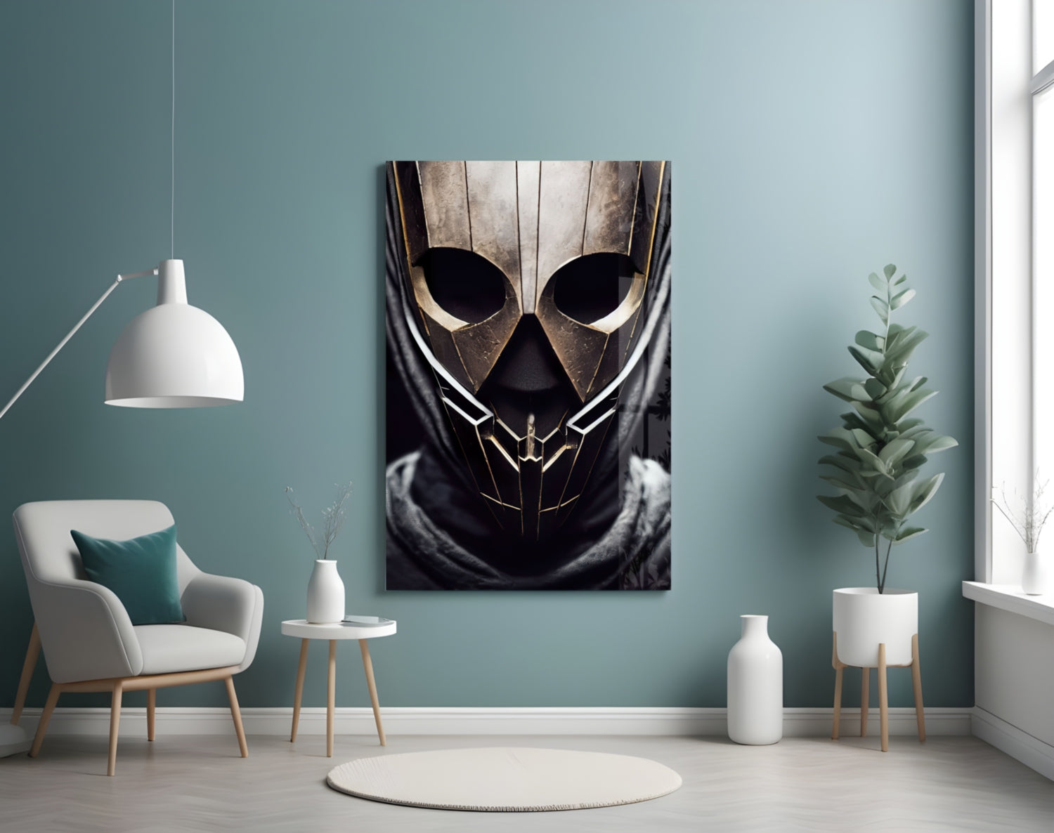 Peace Fighter Glass Art mounted on turquoise wall above white chair and potted plant in minimalist interior setting.