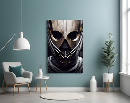 Peace Fighter Glass Art mounted on turquoise wall above white chair and potted plant in minimalist interior setting.