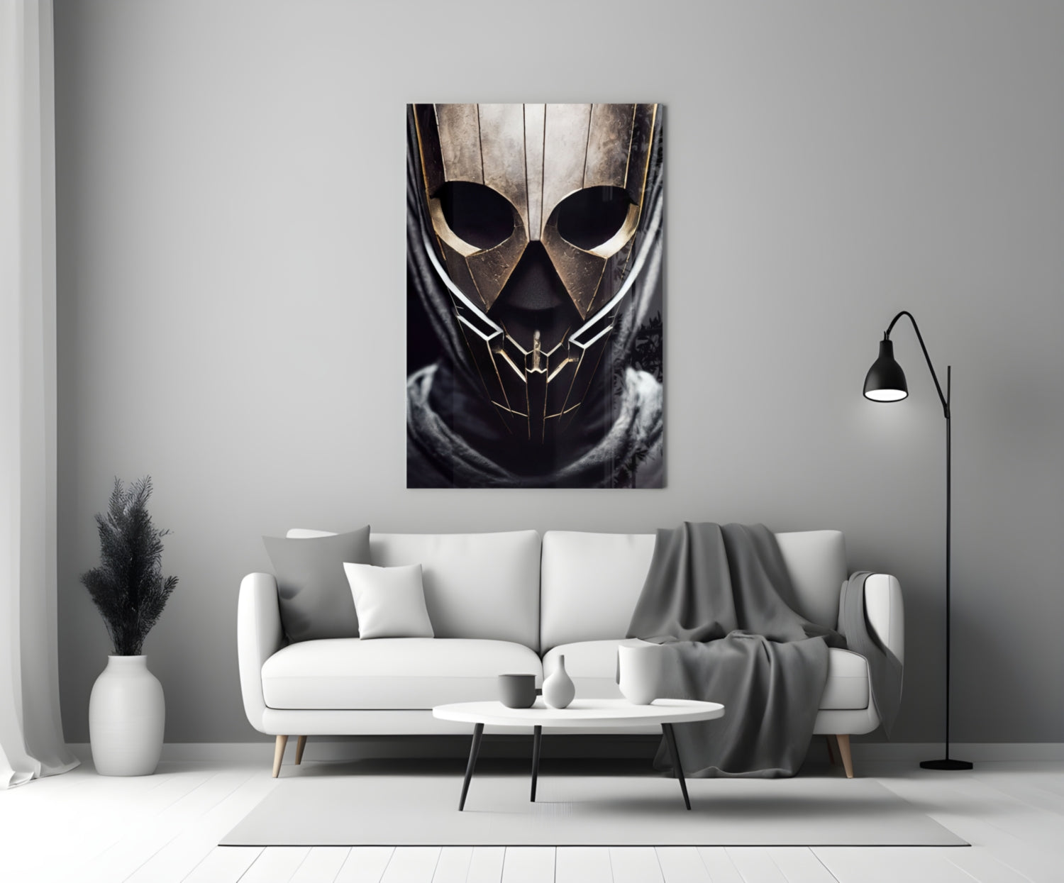 Peace Fighter Glass Art mounted on white wall above white sofa in modern living room setting.