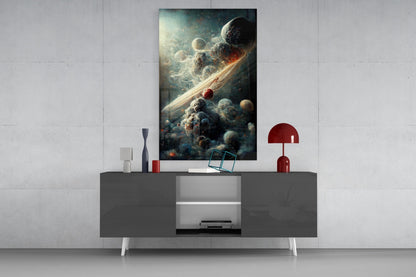 Small Bang Glass Art framed on wall above gray media console with red lamp and decorative objects.
