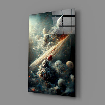 Glass art panel mounted on gray wall showing cosmic scene with planets, asteroids, and glowing light, with black grid overlay visible on upper portion.