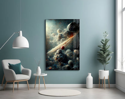 Small Bang Glass Art framed canvas hanging on teal wall above white chair, depicting cosmic scene with planets and golden light streaks.