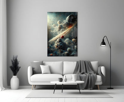 Contemporary living room interior featuring abstract space-themed glass art canvas mounted above white sofa with gray throw blanket.