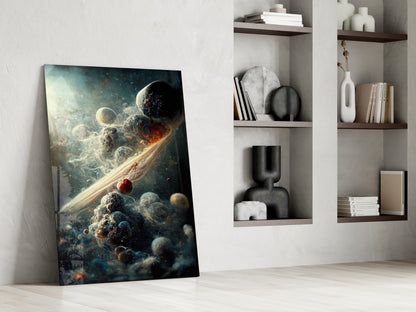 A surreal cosmic artwork depicting planets and celestial bodies in gold, blue, and red tones leans against a white wall beside open shelving displaying decorative objects and books.