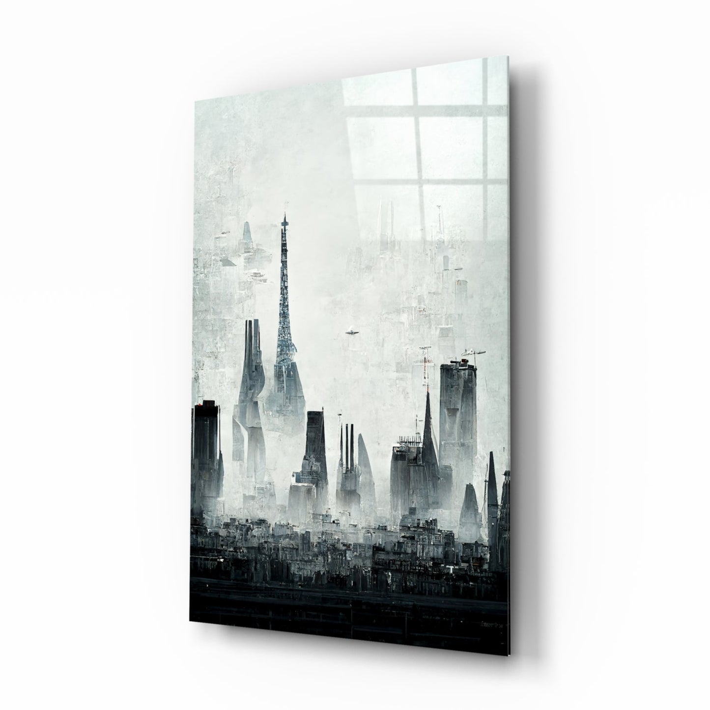 Angled view of a glass art panel displaying a monochromatic cityscape with tall skyscrapers fading into mist, mounted against white background.