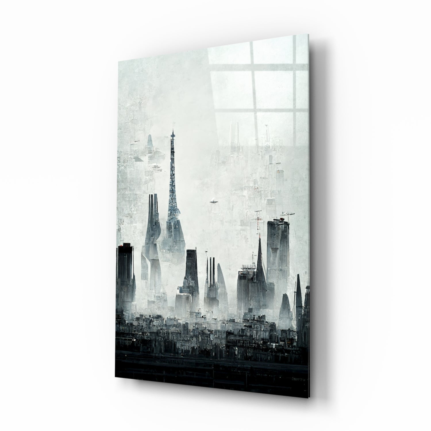 Angled view of a glass art panel displaying a monochromatic cityscape with tall skyscrapers fading into mist, mounted against white background.