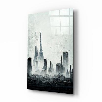 Angled view of a glass art panel displaying a monochromatic cityscape with tall skyscrapers fading into mist, mounted against white background.