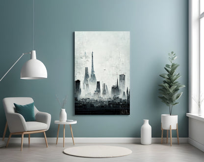Monochromatic cityscape canvas mounted on teal wall above cream armchair with potted plant and pendant lamp in modern interior.