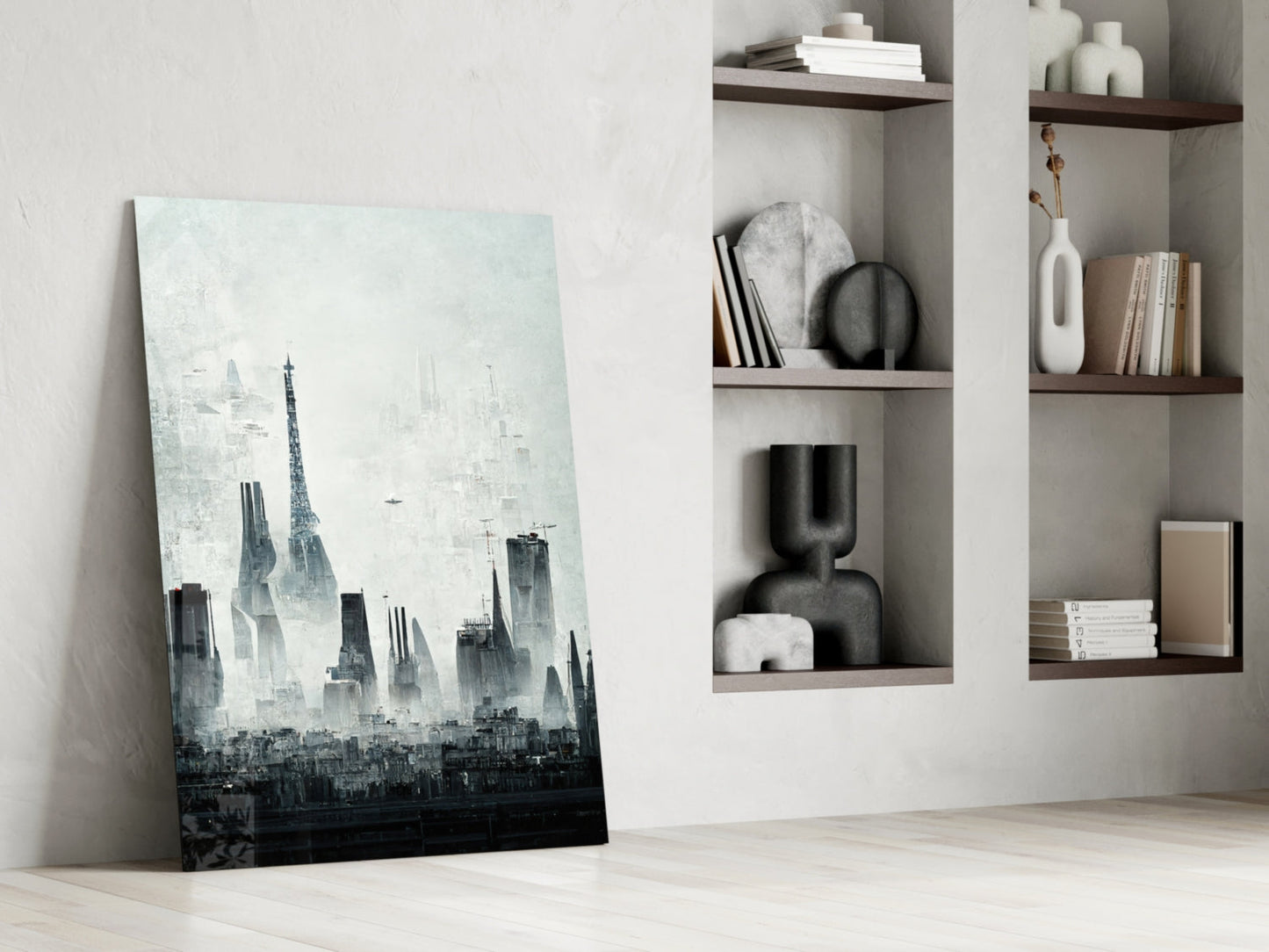 Modern interior room display featuring a leaning cityscape canvas with monochromatic skyscrapers beside three wall-mounted shelving units holding decorative objects and books.