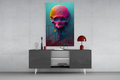 Colorful neon skull artwork with dripping paint effect displayed above a modern gray console table with red decorative accessories.