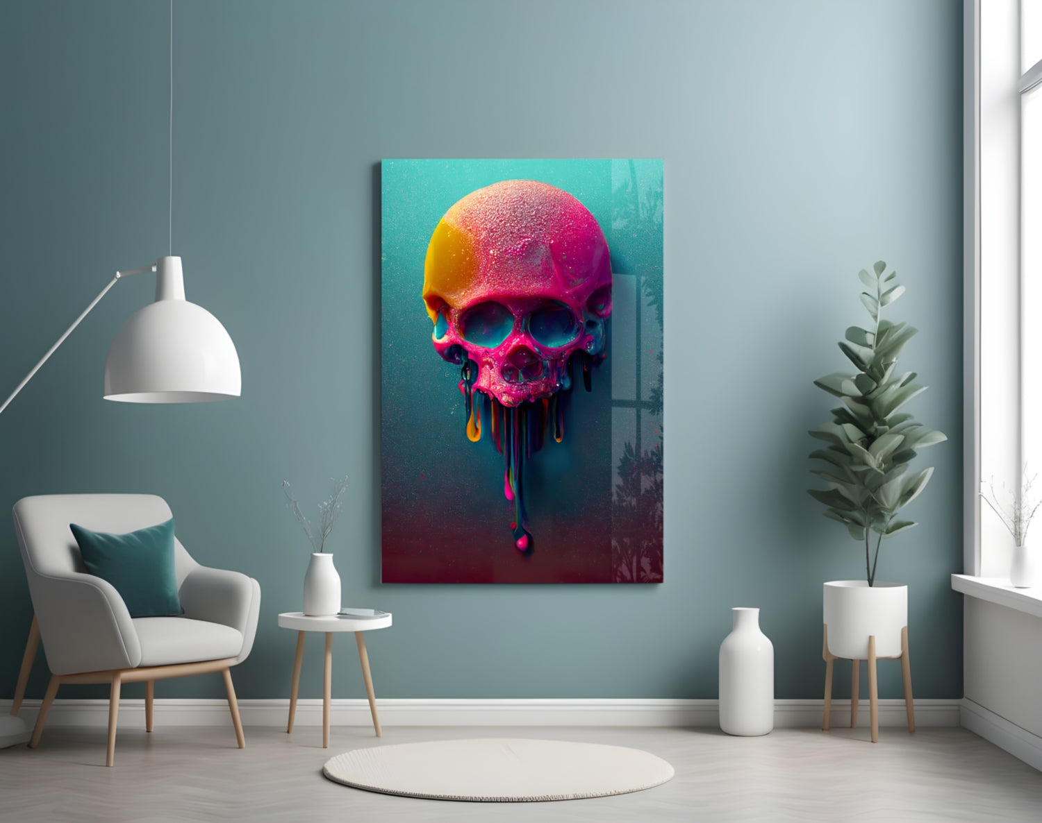 Colorful melting skull artwork displayed on turquoise wall above white chair and potted plant in modern interior setting.