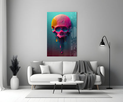 Colorful neon skull artwork with melting paint drips displayed above a white sofa in a modern living room.