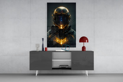 Golden Neon Astronaut Helmet Glass Wall Art