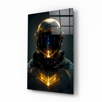 Golden Neon Astronaut Helmet Glass Wall Art