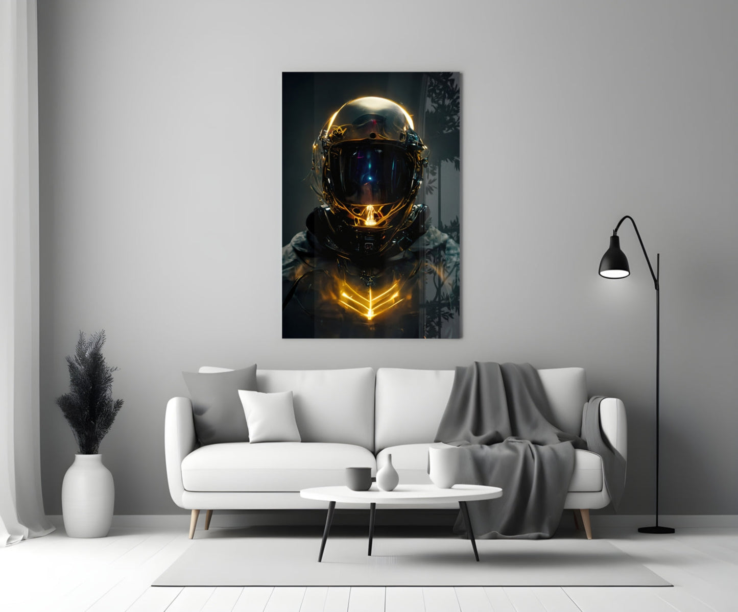 Golden Neon Astronaut Helmet Glass Wall Art