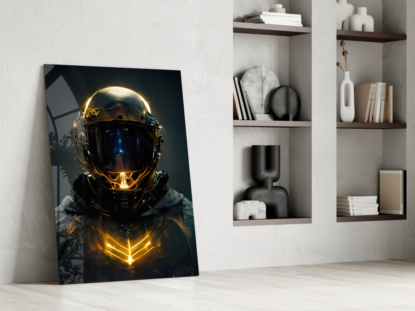 Golden Neon Astronaut Helmet Glass Wall Art
